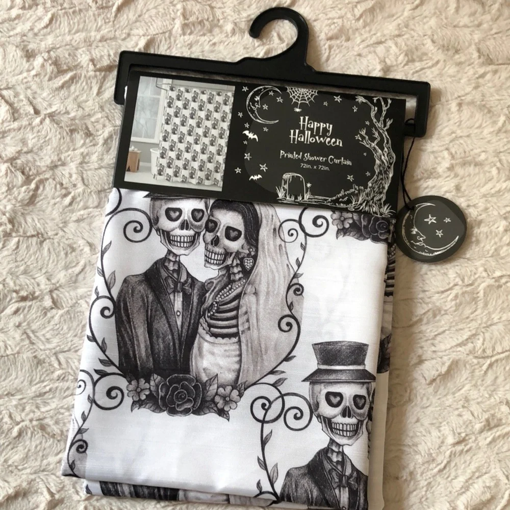 Happy Halloween Black & White Skeleton Couple Shower Curtain